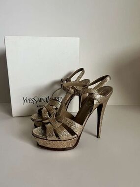 Yves Saint Laurent Gold Textured Platform Stiletto Sandals